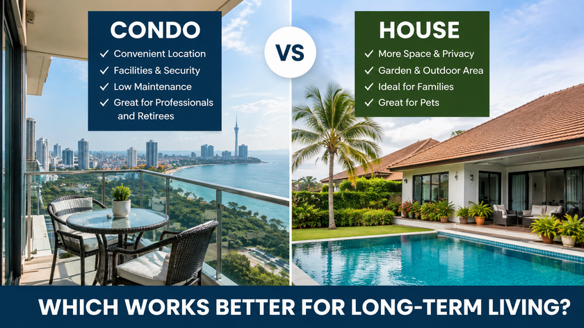 Condo versus house for long-term living in Pattaya, comparing convenient coastal condominium living with the space, privacy, garden and swimming pool of a family home.